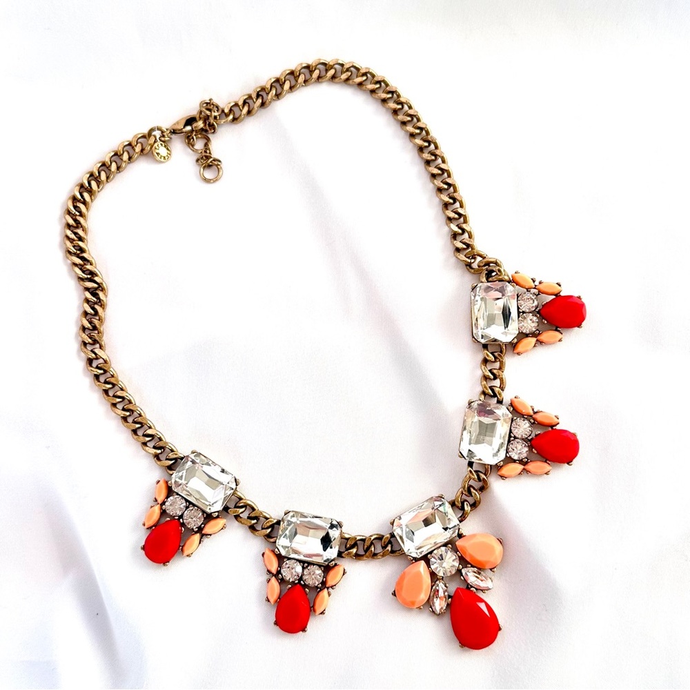 J. CREW Red & Orange Brass Statement Necklace with Crystal Accents - Picture 7 of 9